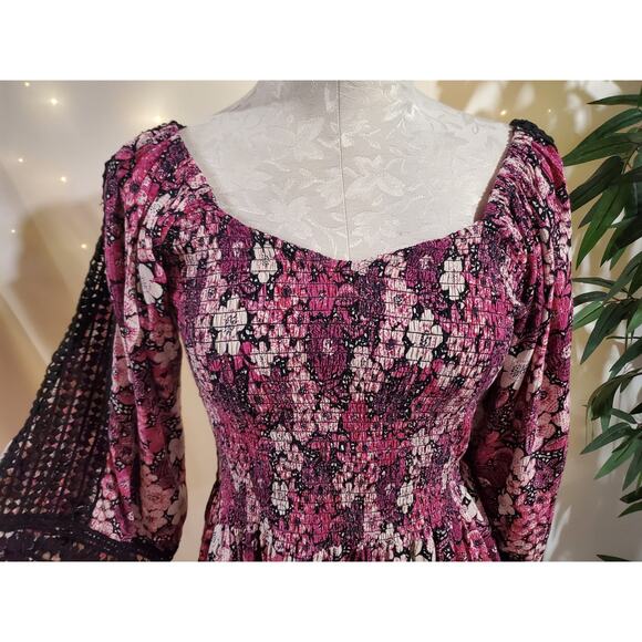 Vtg Angie Smocked Floral Crochet Balloon Sleeve Peplum Top Size XL Whimsygoth - Picture 5 of 11